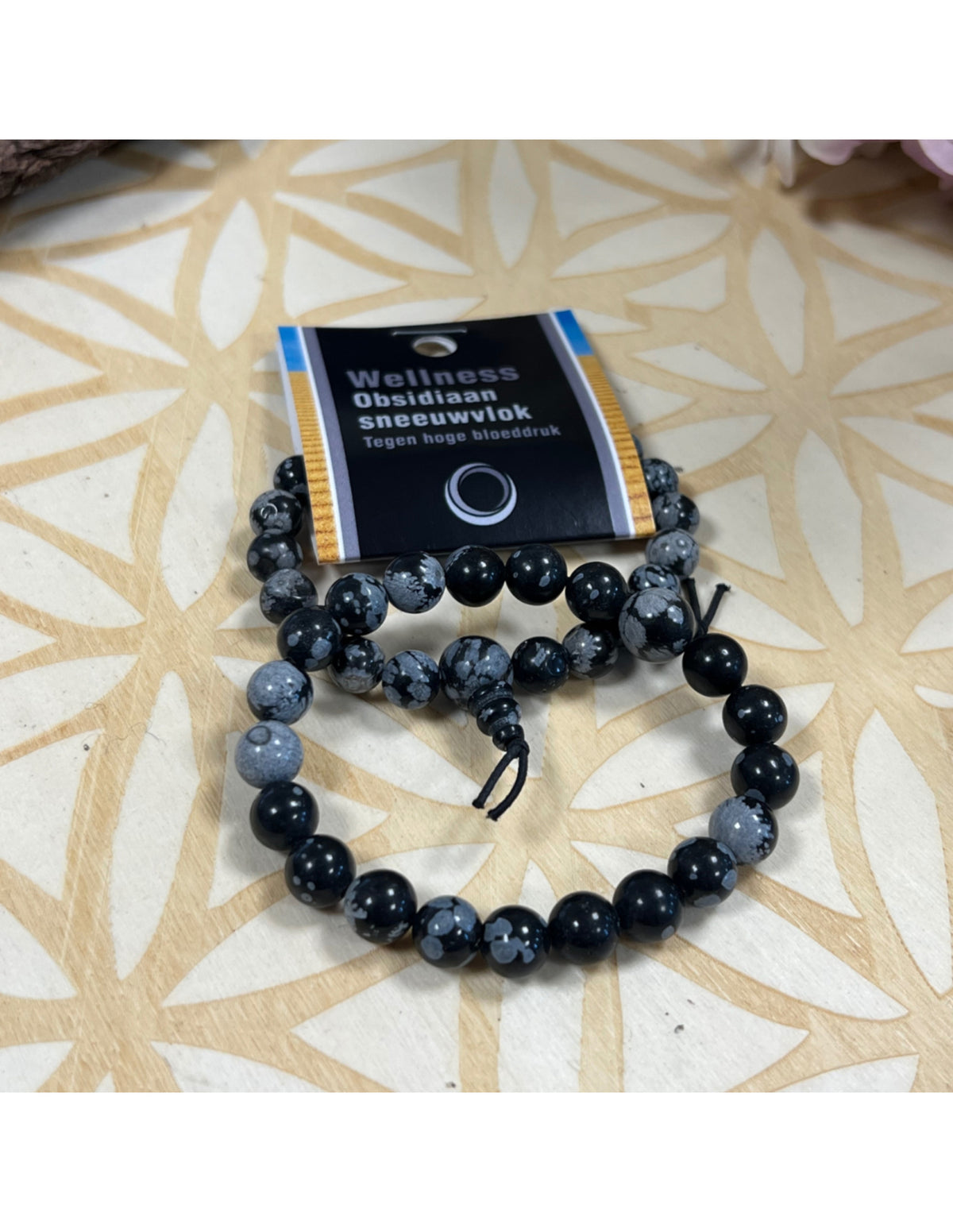 Obsidian armband med runda pärlor, snöflinga, 18 cm