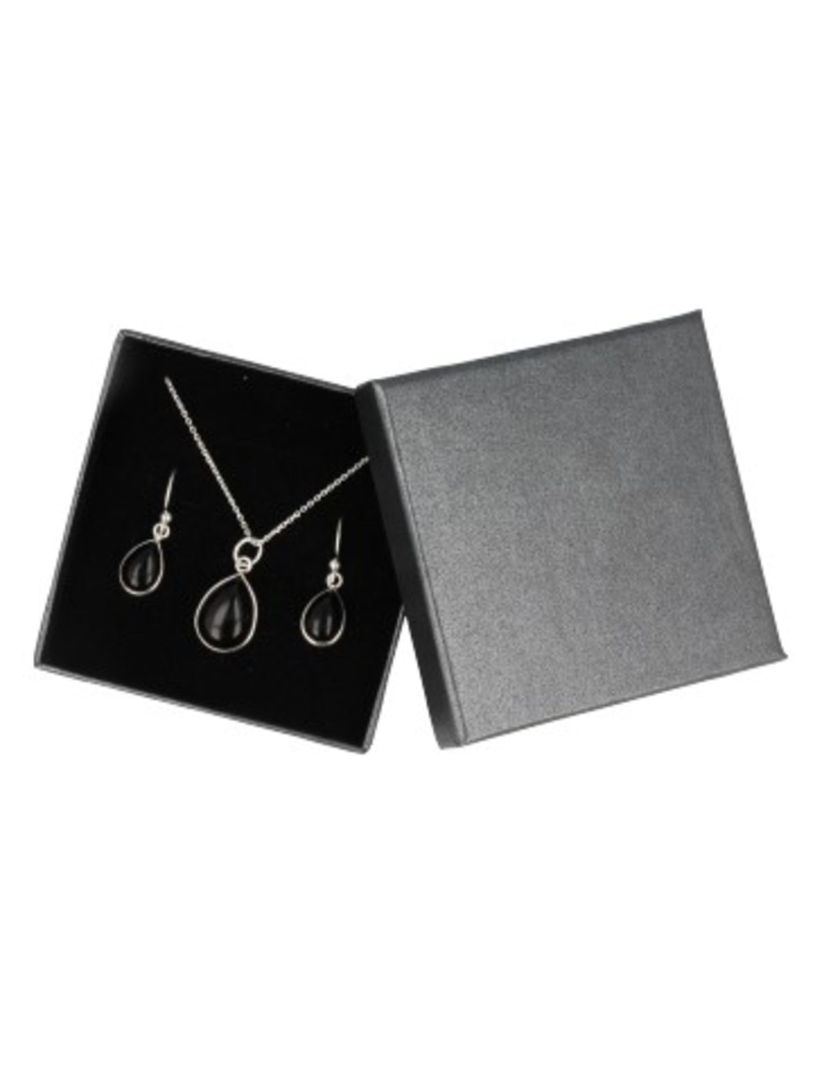 Obsidian smyckeset i silver, örhängen och hänge, droppformade