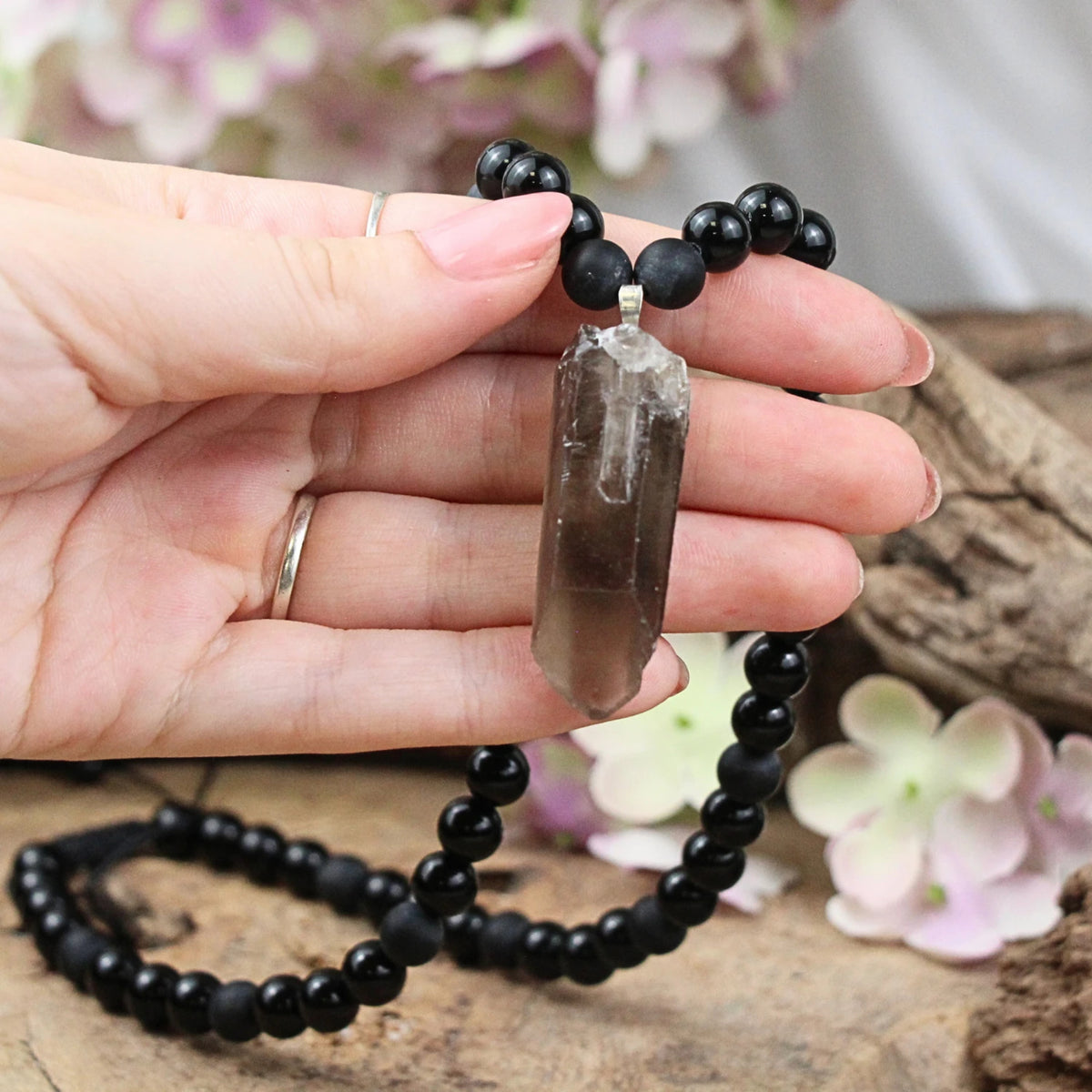 Obsidian halsband för herr med rökkvarts punkt, justerbart