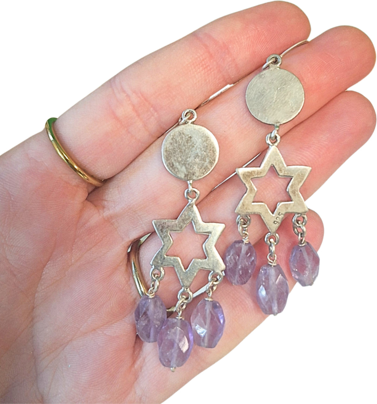 Ametist örhängen i 925 silver, stjärna, fasettslipade, 6,5 cm