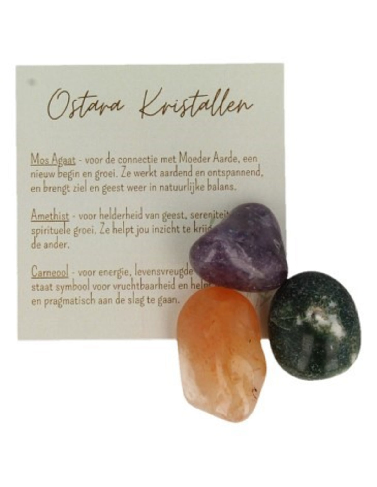 Trumlade stenar i set: mossagat, ametist och karneol, Ostara
