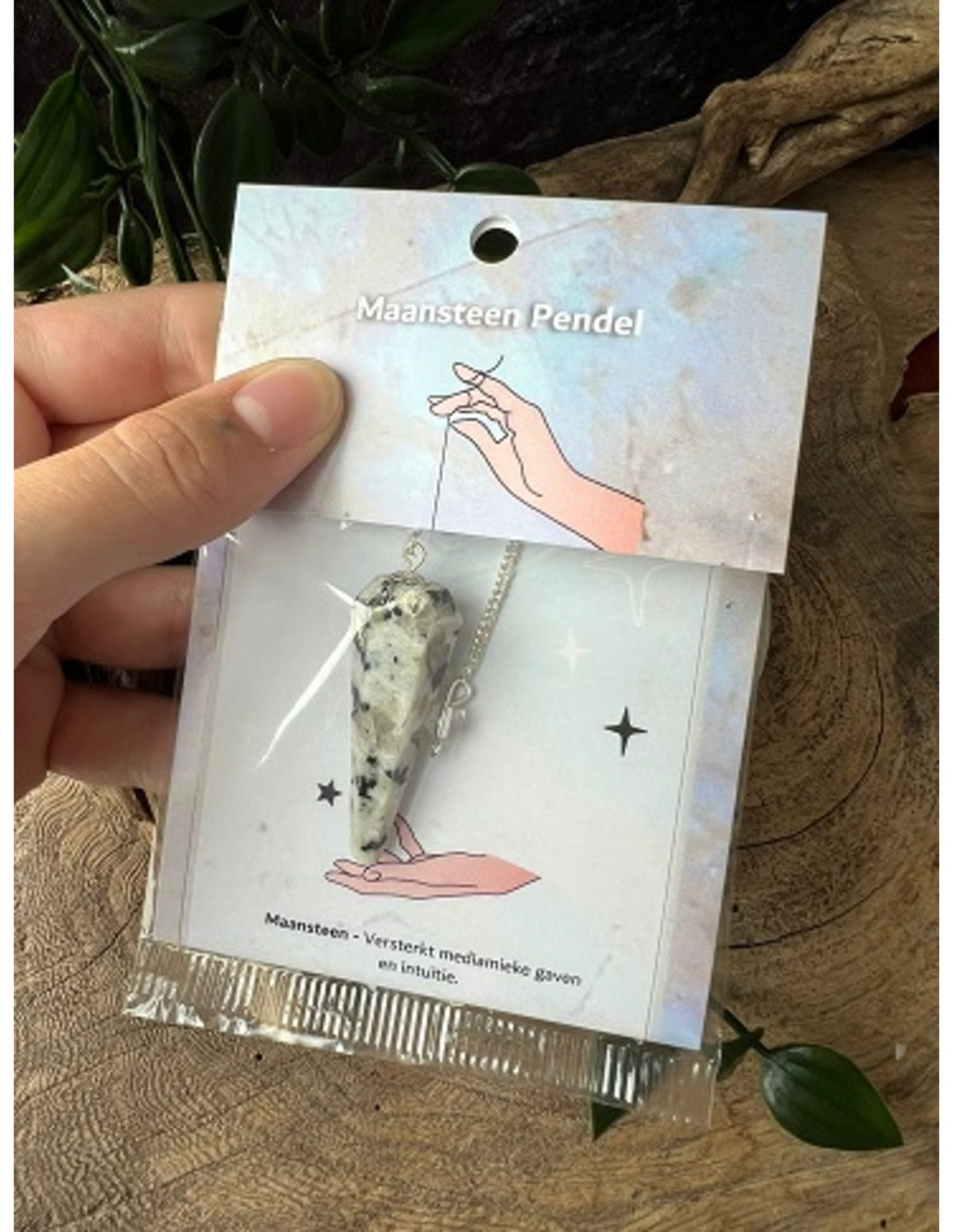 Regnbågsmånsten pendel, fasettslipad, på displaykort