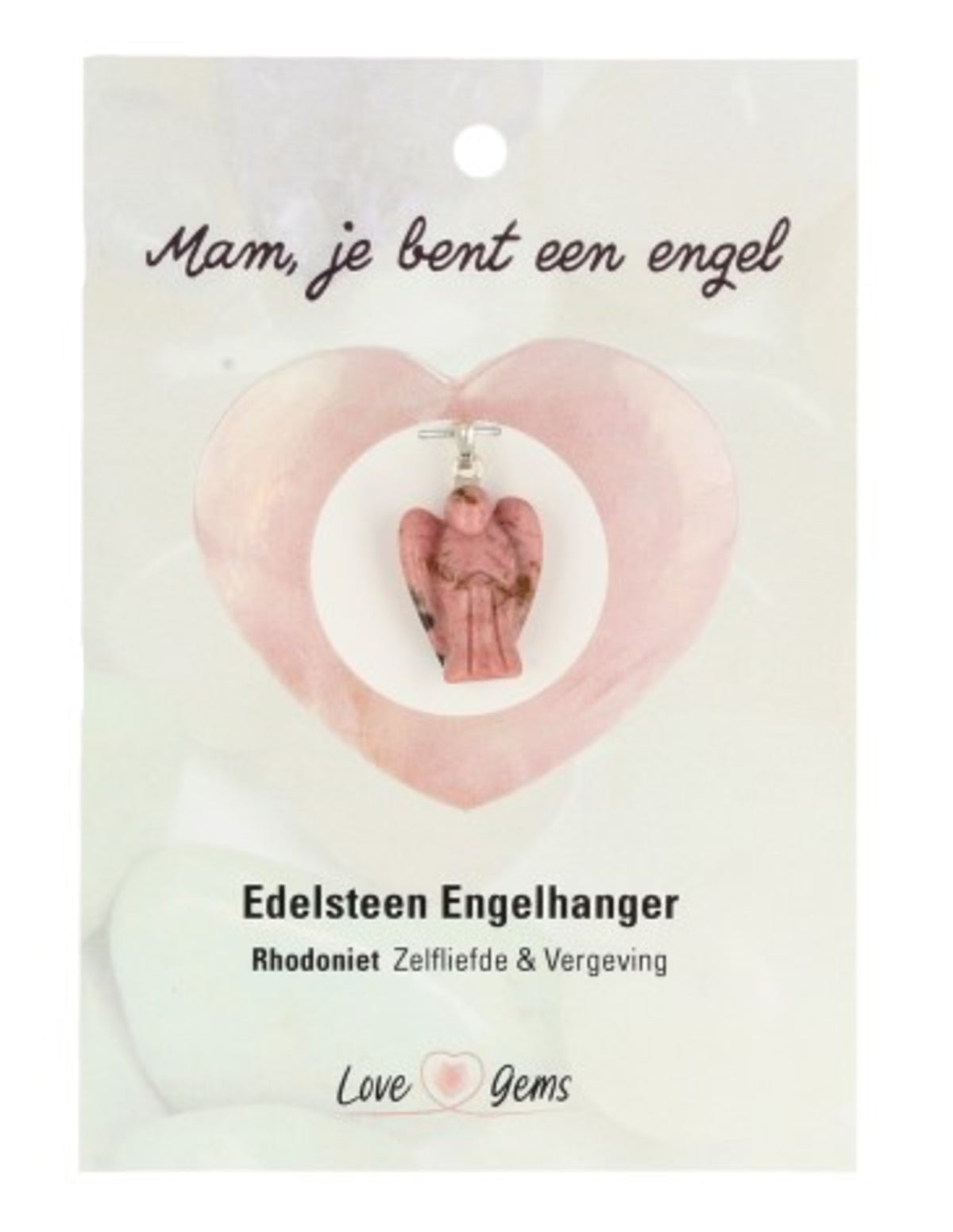 Rodonit ängelhänge på kort, 20 mm, rosa och svart