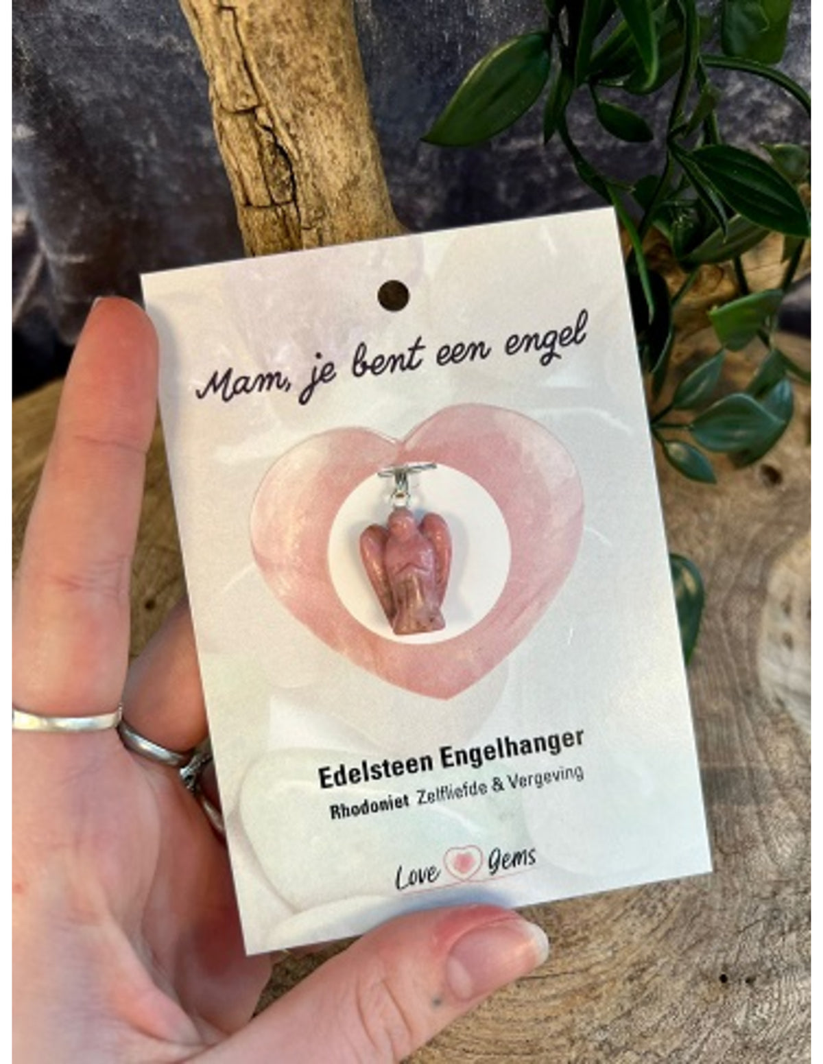 Rodonit ängelhänge på kort, 20 mm, rosa och svart