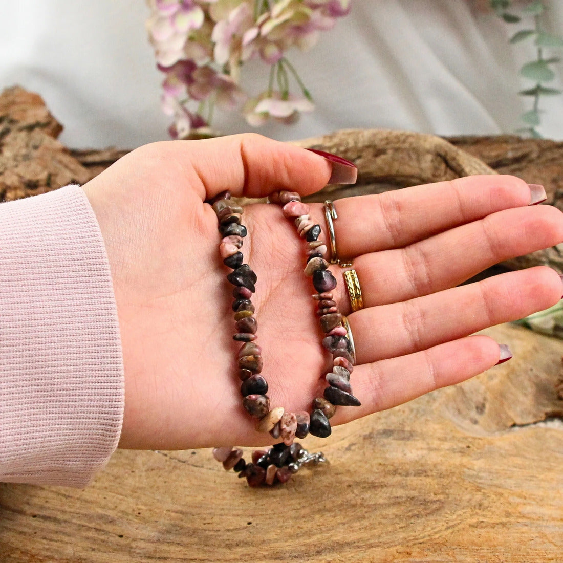 Rodonit halsband med splitstenar, 5 till 10 mm, 45 cm