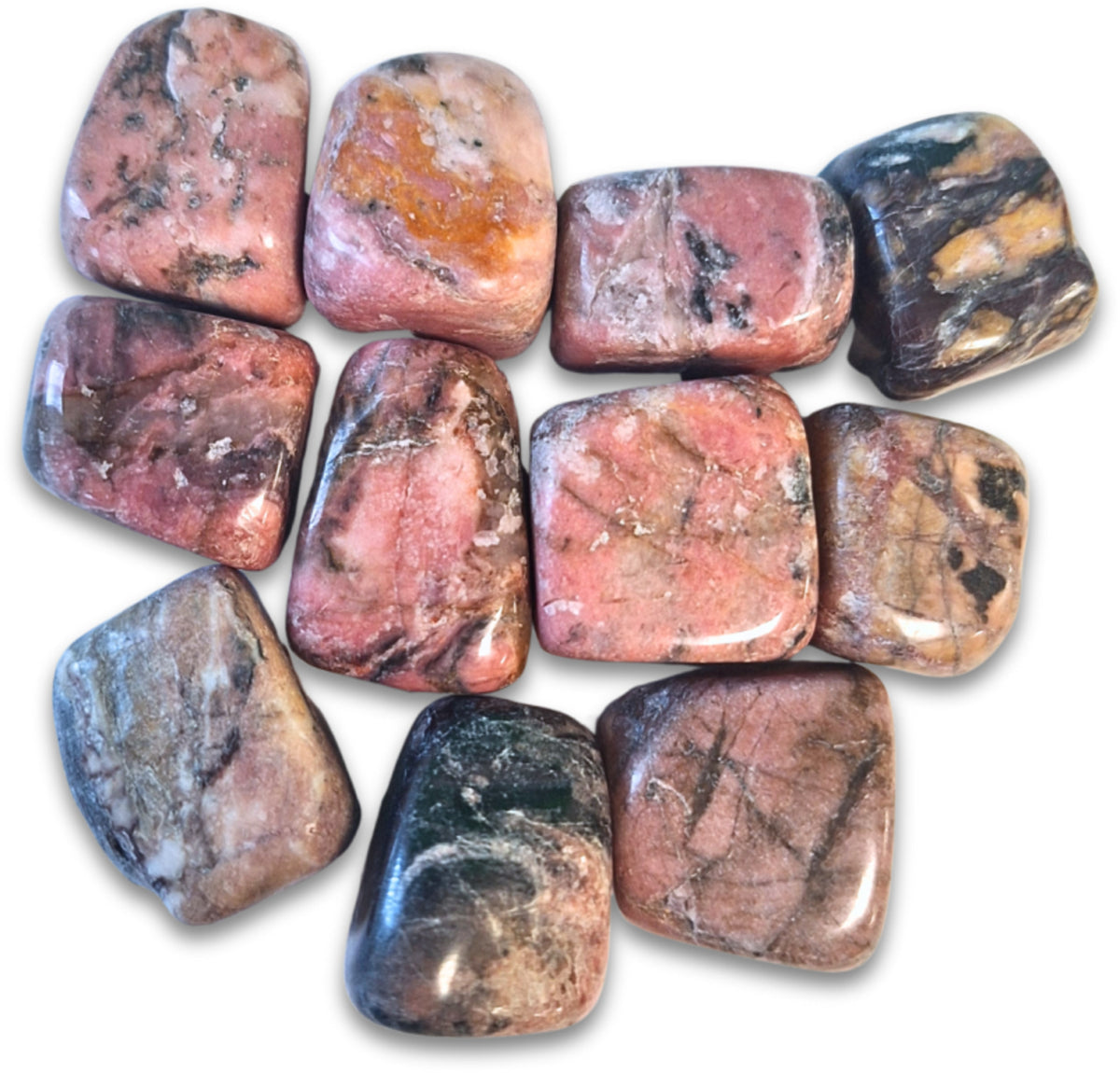 Rodonit trumlade stenar, rosa med svarta ådror, Peru, 250 g