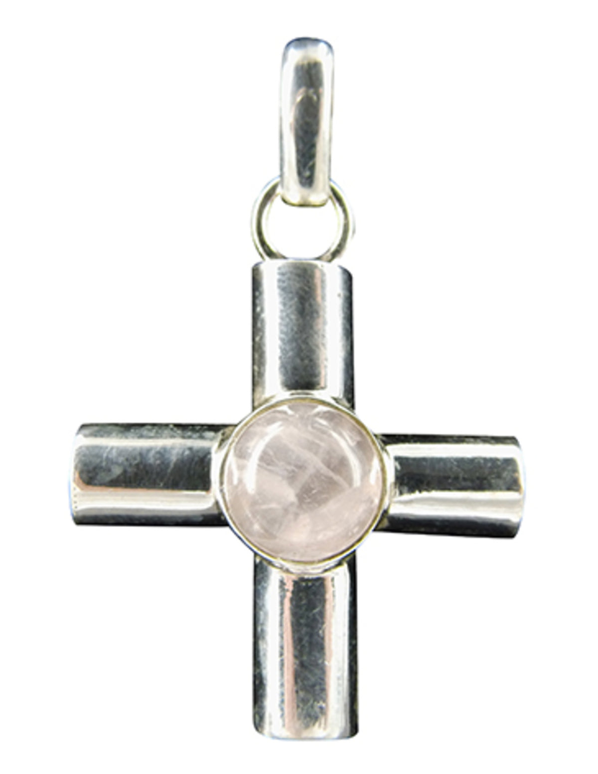 Rosenkvarts hänge i 925 silver, brett kors, 43 mm