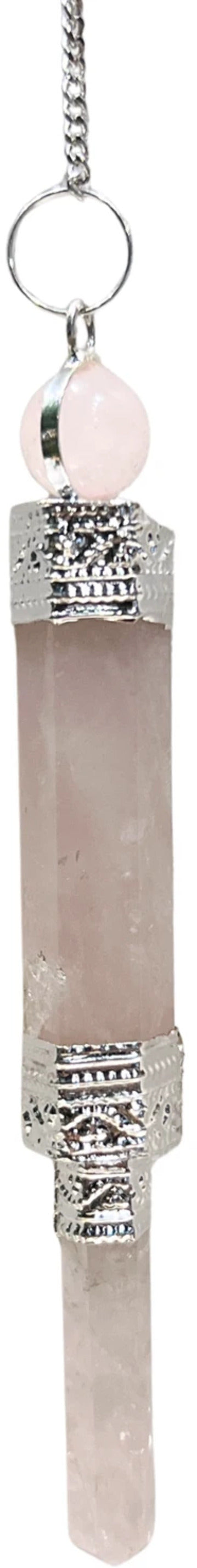 Rosenkvarts pendel, försilvrad, tredelad, 7 cm