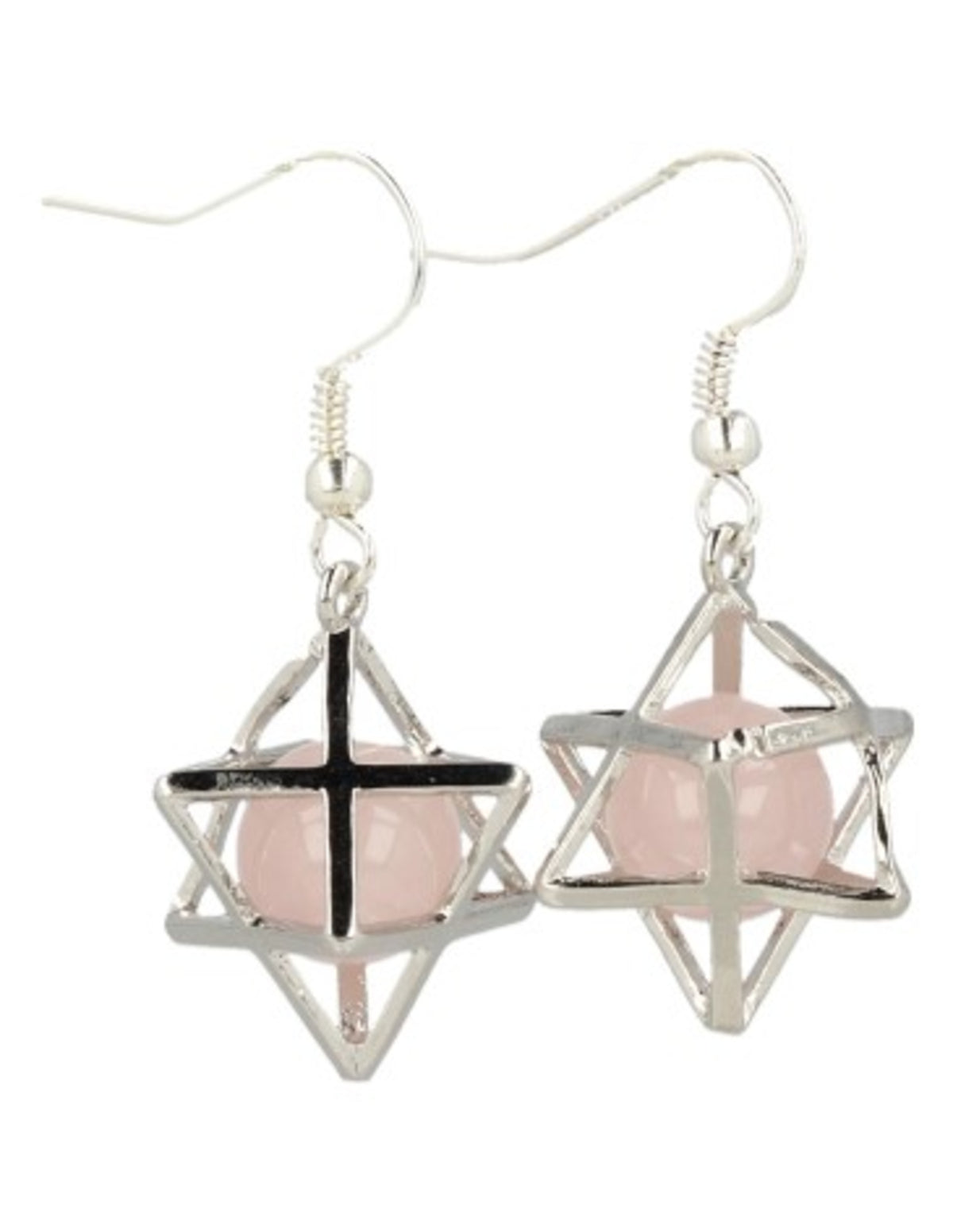 Rosenkvarts örhängen, merkabah i silverfärgad metall, 2,5 cm