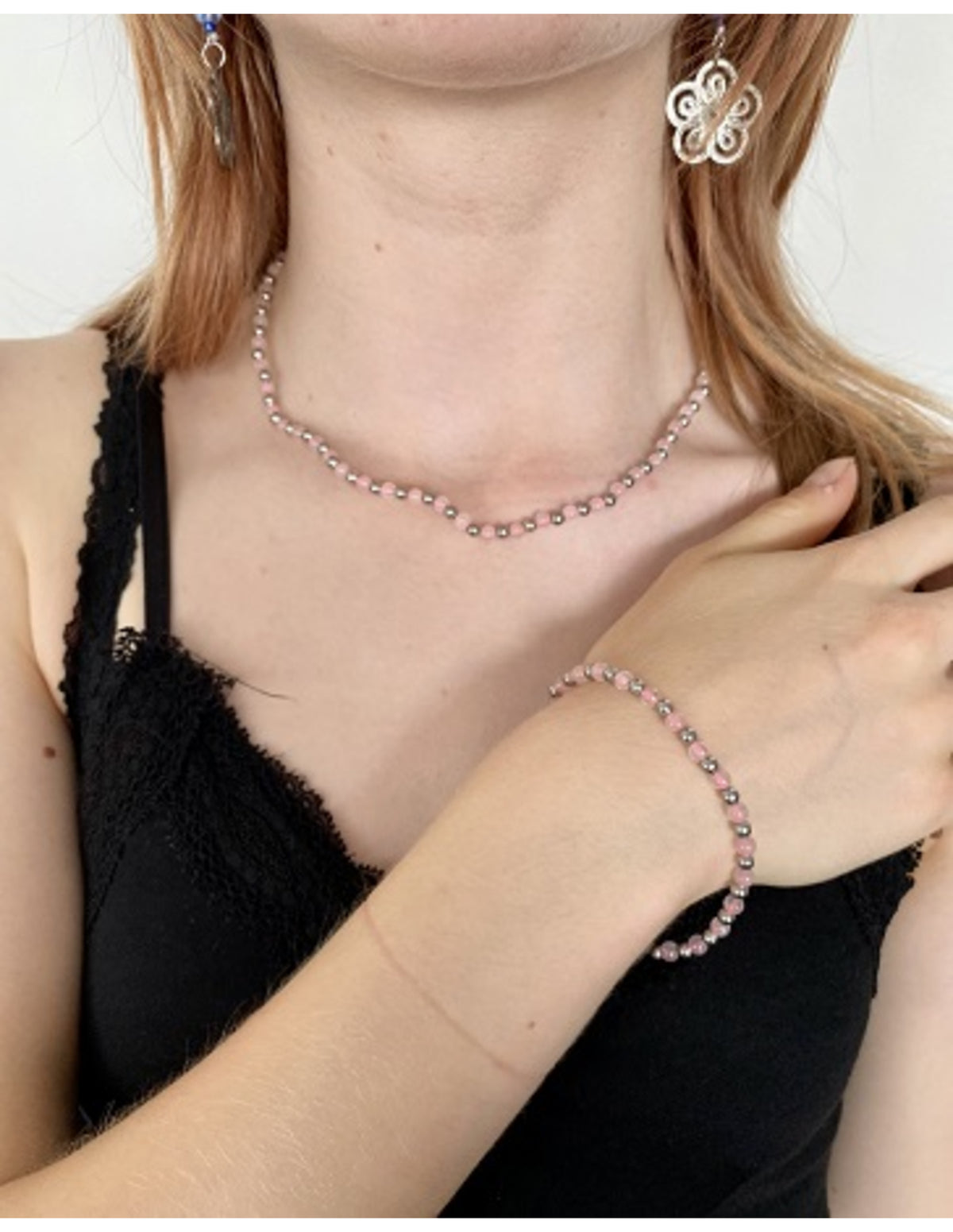 Rosenkvarts halsband, Ibiza-stil, 45 cm, med förlängning