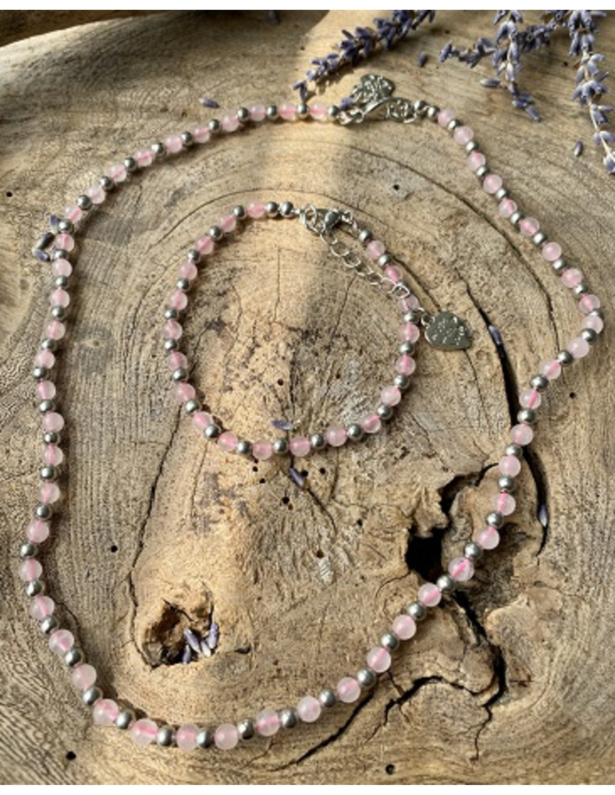 Rosenkvarts halsband, Ibiza-stil, 45 cm, med förlängning
