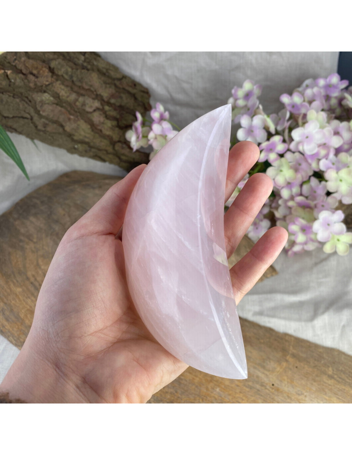 Rosenkvarts måne, 13 cm, 350 till 500 g