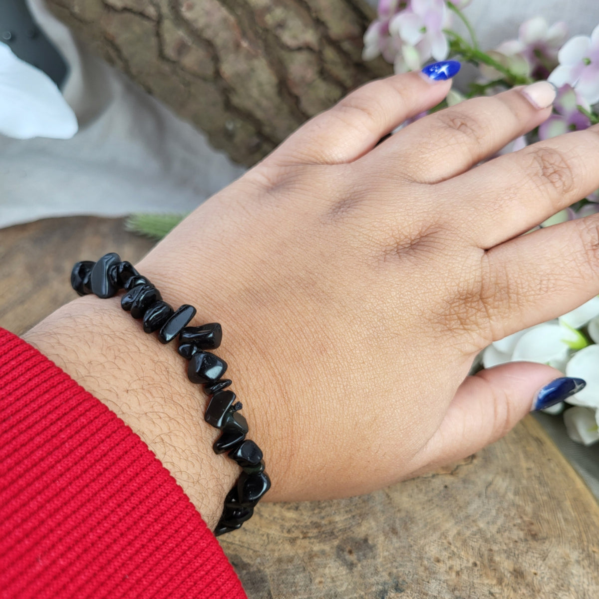 Obsidian armband med splitstenar, svart, elastiskt