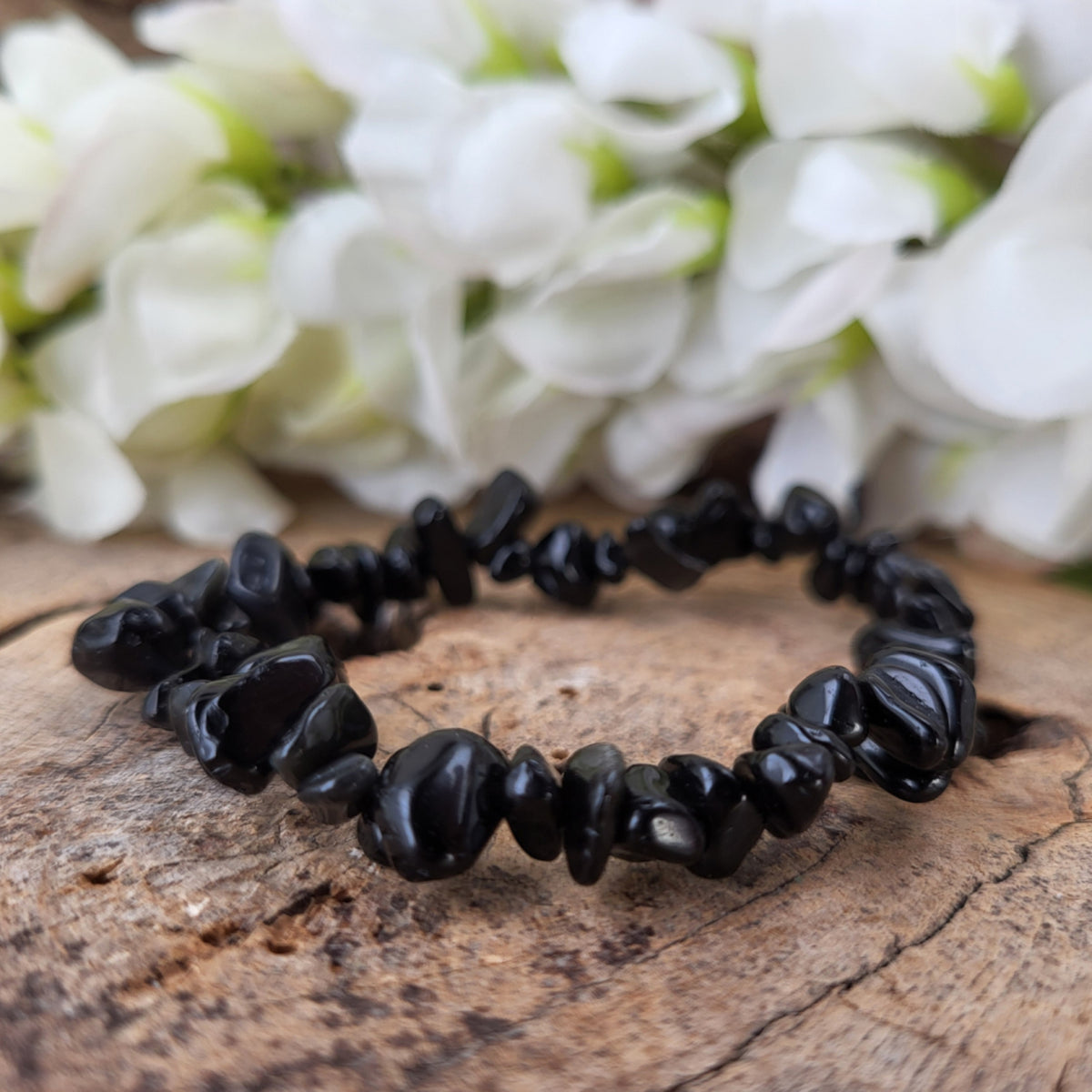 Obsidian armband med splitstenar, svart, elastiskt