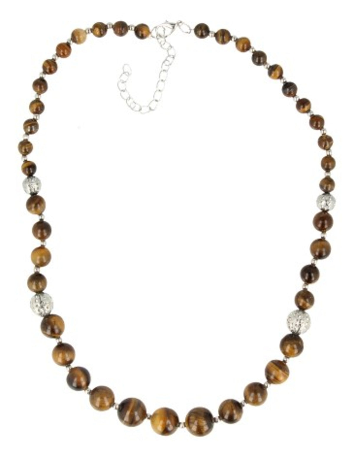 Tigeröga halsband med silverfärgade prydnadspärlor, 46 cm