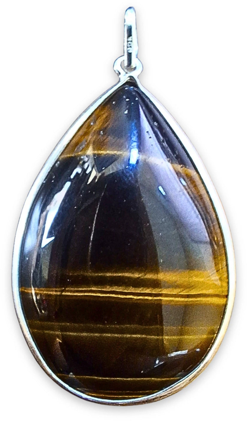 Tigeröga hänge i silver, droppformat, 4 cm