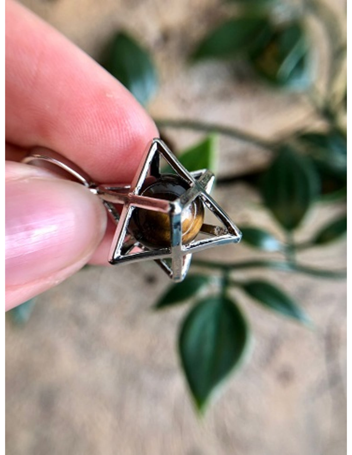 Tigeröga hänge, merkaba-bur med stenkula, 2,5 cm