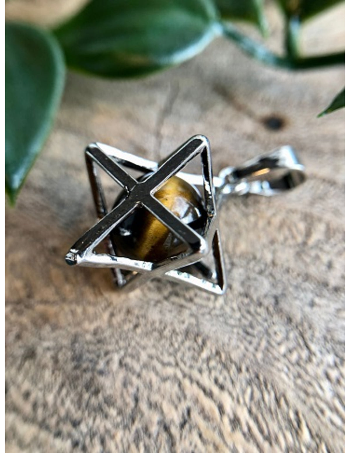 Tigeröga hänge, merkaba-bur med stenkula, 2,5 cm