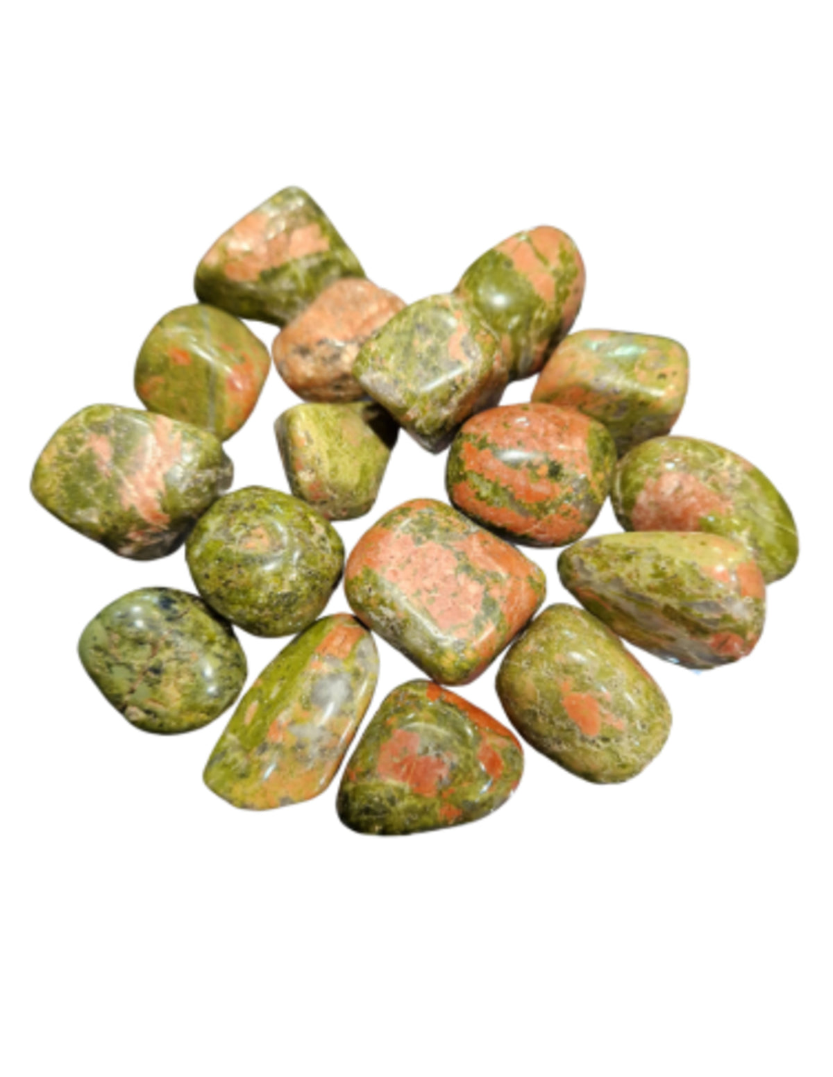 Unakit trumlade stenar, gröna med rosa, från Sydafrika, 250 g