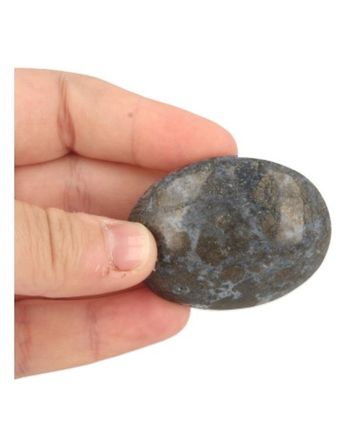Kalcedon ficksten med pyrit, blå och guld, ca 5 x 4 cm